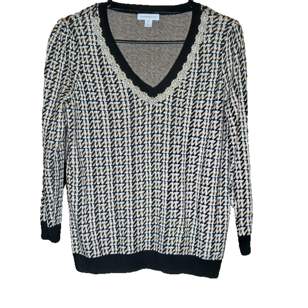 Charter Club‎ Women M Embellished Sweater Houndstooth Black Tan Pearl Trim New